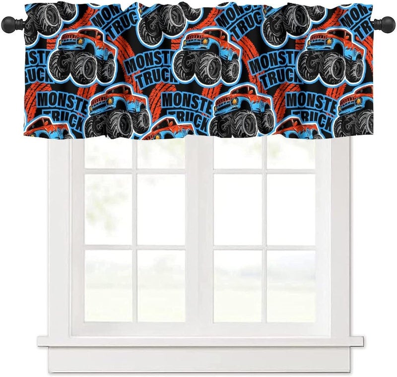 Wallira 3D Monster Truck Valance Curtain Cartoon Teens Freestyle Colorful Race Rod Pocket Short Window Treatments for Kitchen Kid Boys Bedroom Nursery Bathroom Living Decor Drapes 54x18inch - Image 1